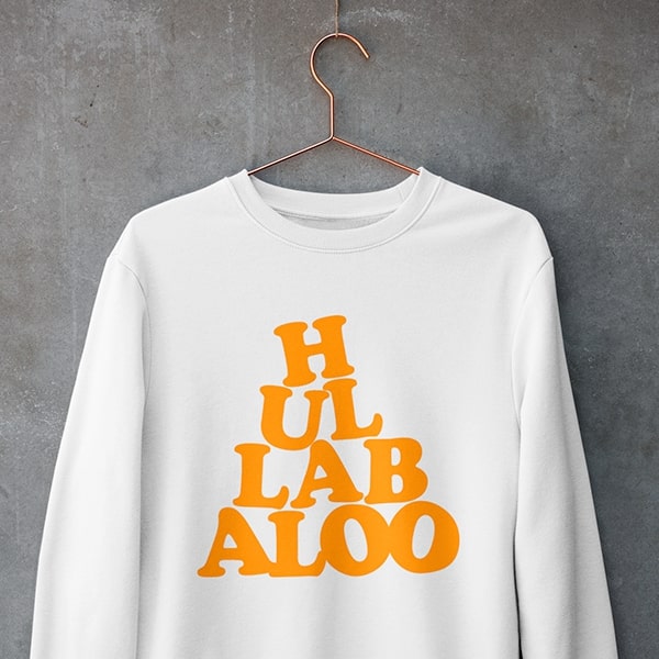 Close-up of the unique Hullabaloo graphic on Tarantino-inspired sweatshirt - Once Upon a Time in Hollywood merchandise"
